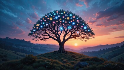 Digital tree of knowledge sunset hill artistic illustration nature wide angle conceptual growth