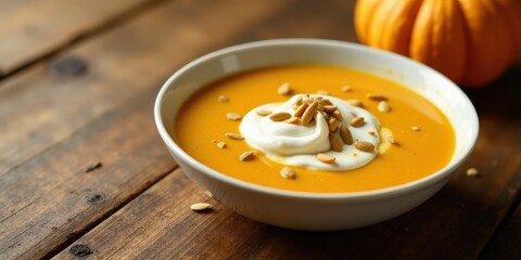 Creamy autumnal soup garnished with toasted seeds and a dollop of dairy in a rustic setting