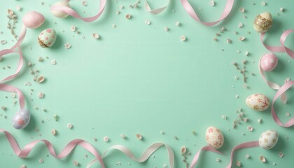 Pastel Mint Green Background Decorative Easter Eggs Pink Ribbons - Modern Minimalist Easter Celebration Photo Copy Space Marketing Crafts