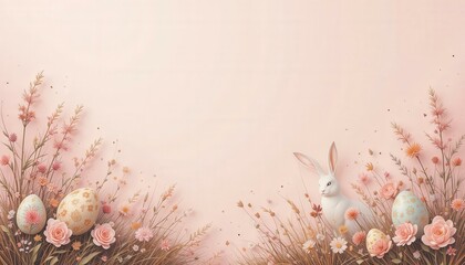 Pastel Digital Illustration Whimsical White Rabbit Decorated Easter Eggs Floral Elements Soft Pink Background - Easter Marketing, Invitations, Home Decor