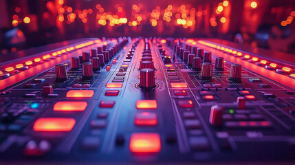 Fototapeta premium A close-up of a DJ mixer with glowing buttons and colorful neon city lights in the background