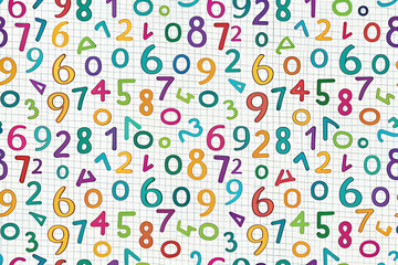 Colorful hand-drawn numbers seamless pattern on notebook paper background.