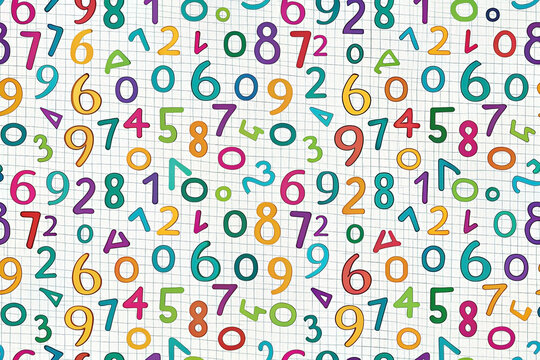 Colorful hand-drawn numbers seamless pattern on notebook paper background. - Powered by Adobe