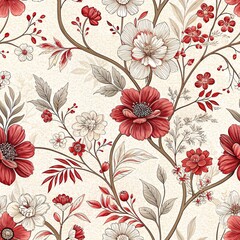 Red & White Floral Seamless Pattern: Elegant Flowers, Detailed Leaves, Vintage Design, Light Background, Seamless Textile, Botanical Motif, Classic Pattern