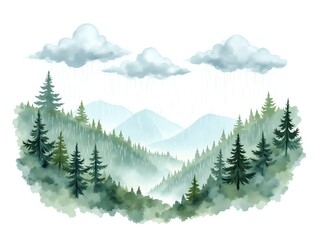 Fototapeta premium Serene misty forest valley under a gentle rain