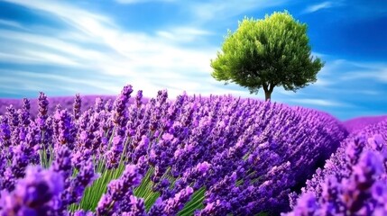 Obraz premium Serene Lavender Fields Under Blue Sky with Isolated Green Tree