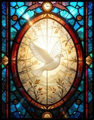 Obraz premium Stained Glass Illustration White Dove Flight Floral Motifs Clock Warm Golden Background - Symbol Peace Spirituality Religious Events, Easter Celebrations, Meditation