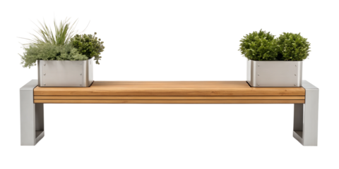 Stylish Wooden Bench with Planters for Beautiful Garden Seating, PNG Transparent