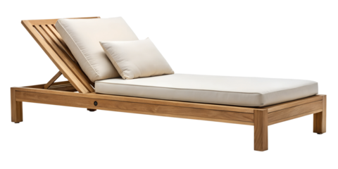 Relaxing Wooden Chaise Lounge with Cushions for Comfortable Outdoor Seating, PNG Transparent