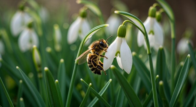 Bee collecting nectar from a snowdrop flower in a blooming spring garden
