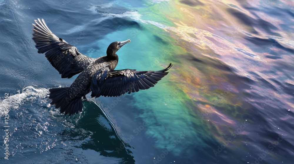 Poster oil spill creates rainbow sheen as seabird struggles on calm ocean surface. generative ai