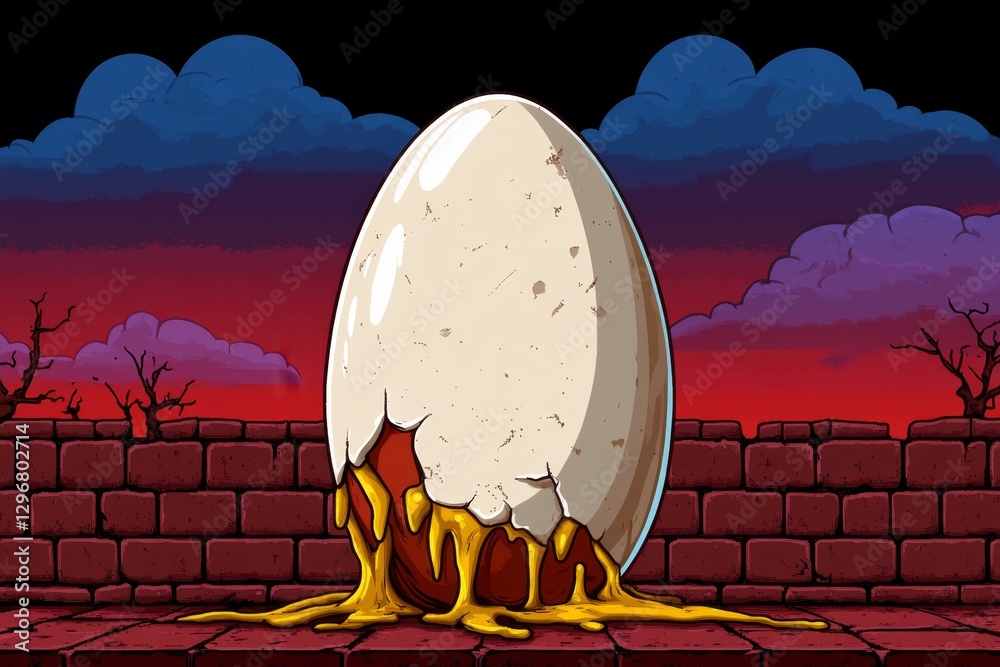 Poster A pixel art egg yolk breaking open with animated dripping motion in a retro game style