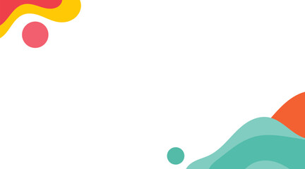 A clean white background has simple shapes in the corners.  Red, yellow, and orange shapes are in the top left. Teal and orange wavy shapes are in the bottom right.  The overall feeling is cheerful.