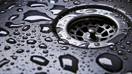 Close up of a pristine sink drain with water droplets, representing successful unclogging efforts