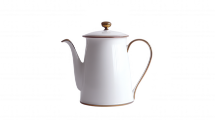 Elegant white ceramic teapot with gold accents and curved spout.