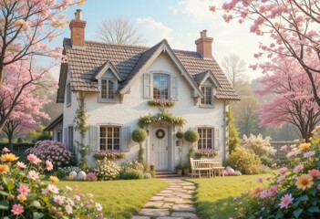 Charming White Cottage Surrounded Blooming Cherry Blossoms Colorful Spring Flowers - Tranquil Outdoor Scene Easter Promotions Seasonal Decor