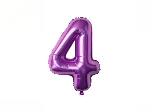 Purple Metallic Number 4 Balloon on Transparent Background for Party Celebrations, PNG Transparent