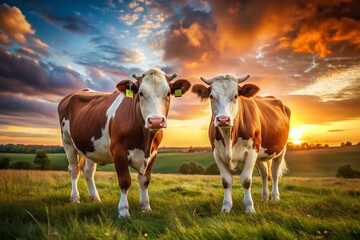 Serene Pasture: Two Brown and White Cows at Sunset - Long Exposure Photography