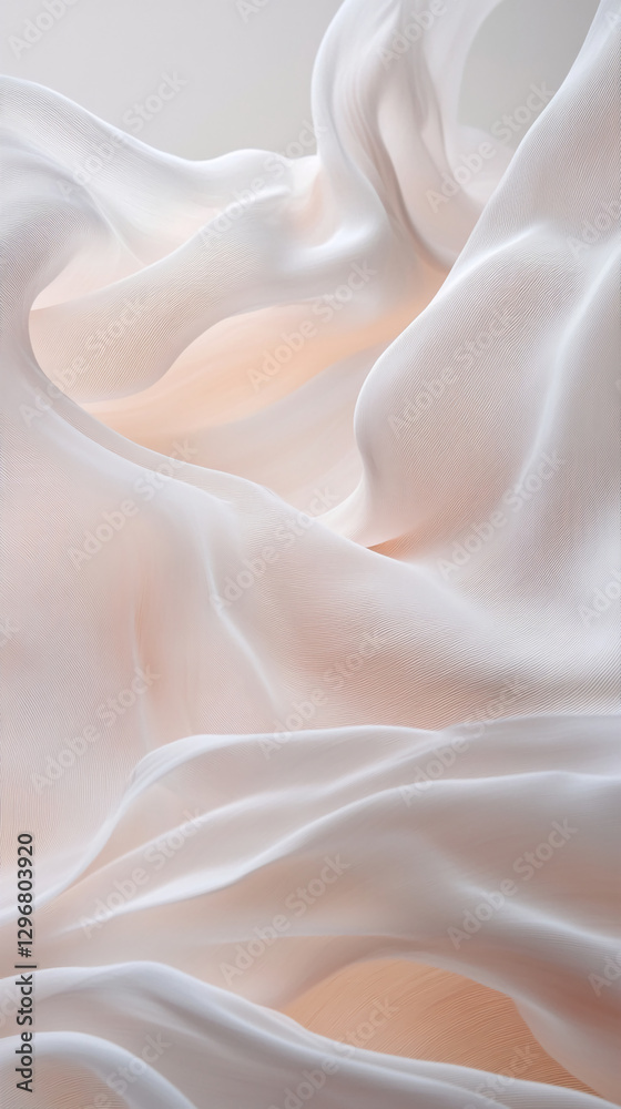 Poster close-up shot of flowing white and pale fabric creating soft, elegant curves and textures, symbolizi