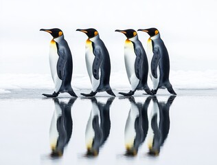 Fototapeta premium Group of four emperor penguins walking in a line on icy surface reflecting in calm water under overcast sky in Antarctic region