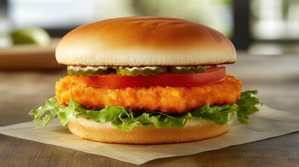 Crispy Chicken Sandwich with Fresh Vegetables and Soft Bun