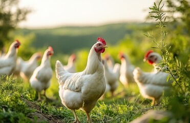 Group of Healthy Free-Range Chickens Roaming in a Lush Green Field Under a Bright Sky During Golden Hour in a Tranquil Countryside Setting
