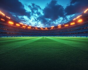 Grand Football Stadium at Dusk Illuminated by Bright Lights Featuring Lush Green Grass and Dramatic Dark Clouds