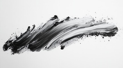 Black and white abstract brushstroke art on white canvas with dynamic splatter.