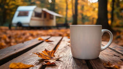 A white coffee cup on a wooden table surrounded by autumn leaves, with a caravan in the background, representing a peaceful and cozy autumn camping getaway.
