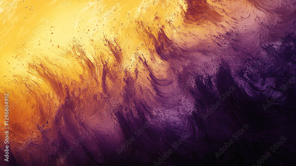 Poster abstract texture with swirling yellow and purple tones resembling a wave, symbolizing fluid motion, 