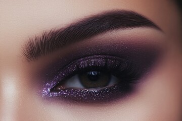 Naklejka premium Intense close-up of eye showcasing stunning purple eyeshadow, gl