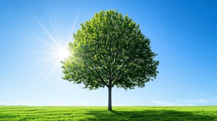 Lush Green Tree Under Bright Sunlight Against Clear Blue Sky