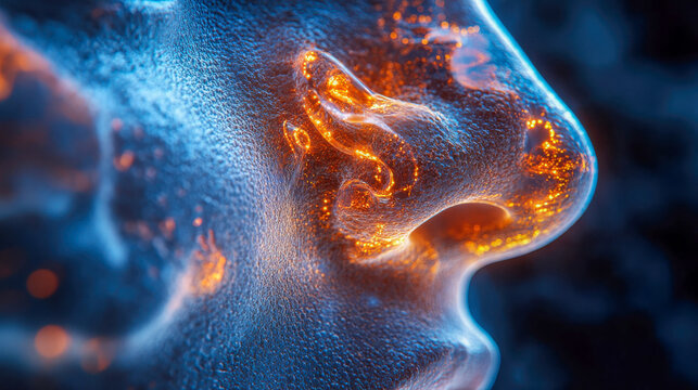 Abstract visualization of a human nose with glowing neural pathways, symbolizing sensory perception and advanced medical technology