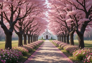Obraz premium Serene Cherry Blossom Pathway White Chapel Surrounded Pink Flower Beds Lush Green Park - Spring Wedding Invitations Announcements