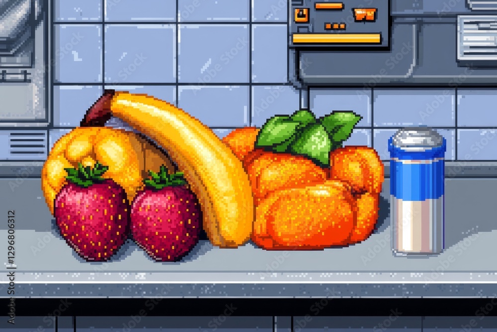 Aufkleber A pixel art fruit stand with tiny animated fruit bouncing slightly in a retro RPG setting