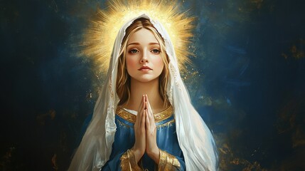 Portrait of a young woman in prayer with a radiant halo against a blue backdrop