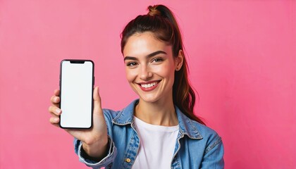 Fototapeta premium Confident woman showcasing a smartphone against a vibrant pink background