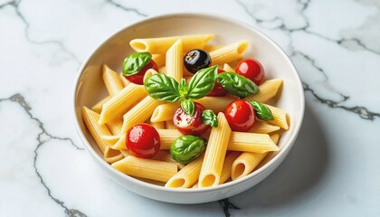Photorealistic penne pasta topped with fresh ingredients on a light marble background