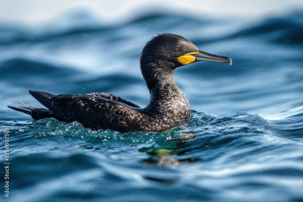 Poster rainbow sheen from oil spill on ocean surface with seabird struggling to stay afloat. generative ai
