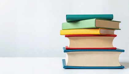 Colorful stacked books on a plain white background for academic themes