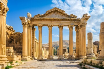 Obraz premium A historic Roman-style building with tall marble columns, intricate architectural details, and a grand façade, reflecting the timeless elegance and legacy of classical architecture