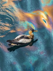 Struggling seabird navigating oil spill reflecting rainbow colors on ocean surface. Generative AI