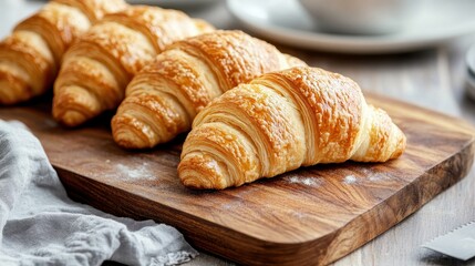 Freshly Baked Croissants on Wooden Board in Cozy Kitchen Setting