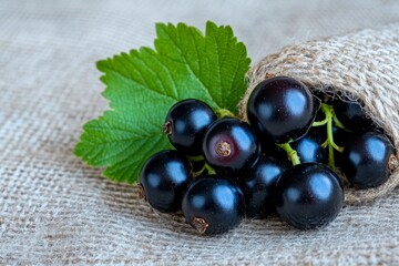 A handful of blackcurrants resting on a rustic linen cloth with soft natural lighting