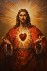 Jesus Christ with Sacred Heart illuminated in vibrant colors conveying warmth and compassion