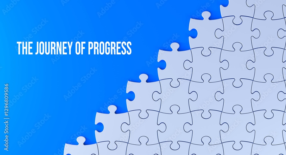 Wall mural the journey of progress text message on jigsaw puzzle. blue background and word banner concept