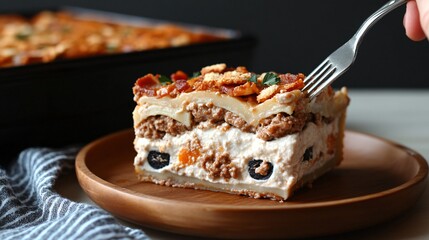 Layered Dessert with Cream, Meat, and Crunchy Topping Served on Brown Plate with Fork