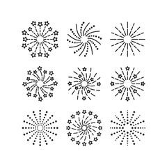 Obraz premium Outline firework icon. Line sparkle explosion. Birthday party elements isolated on white background. Set of burst stars and sparks. Happy new year shiny symbol. Vector illustration.