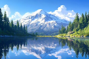 Fototapeta premium Stunning panoramic view of a tranquil alpine lake with mirror reflection of snow capped mountains