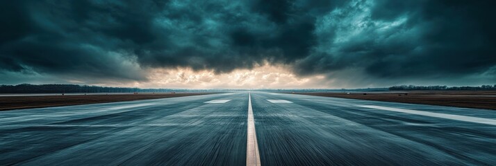 Obraz premium Dramatic sky over empty runway reflecting incoming storm at dusk in quiet airport